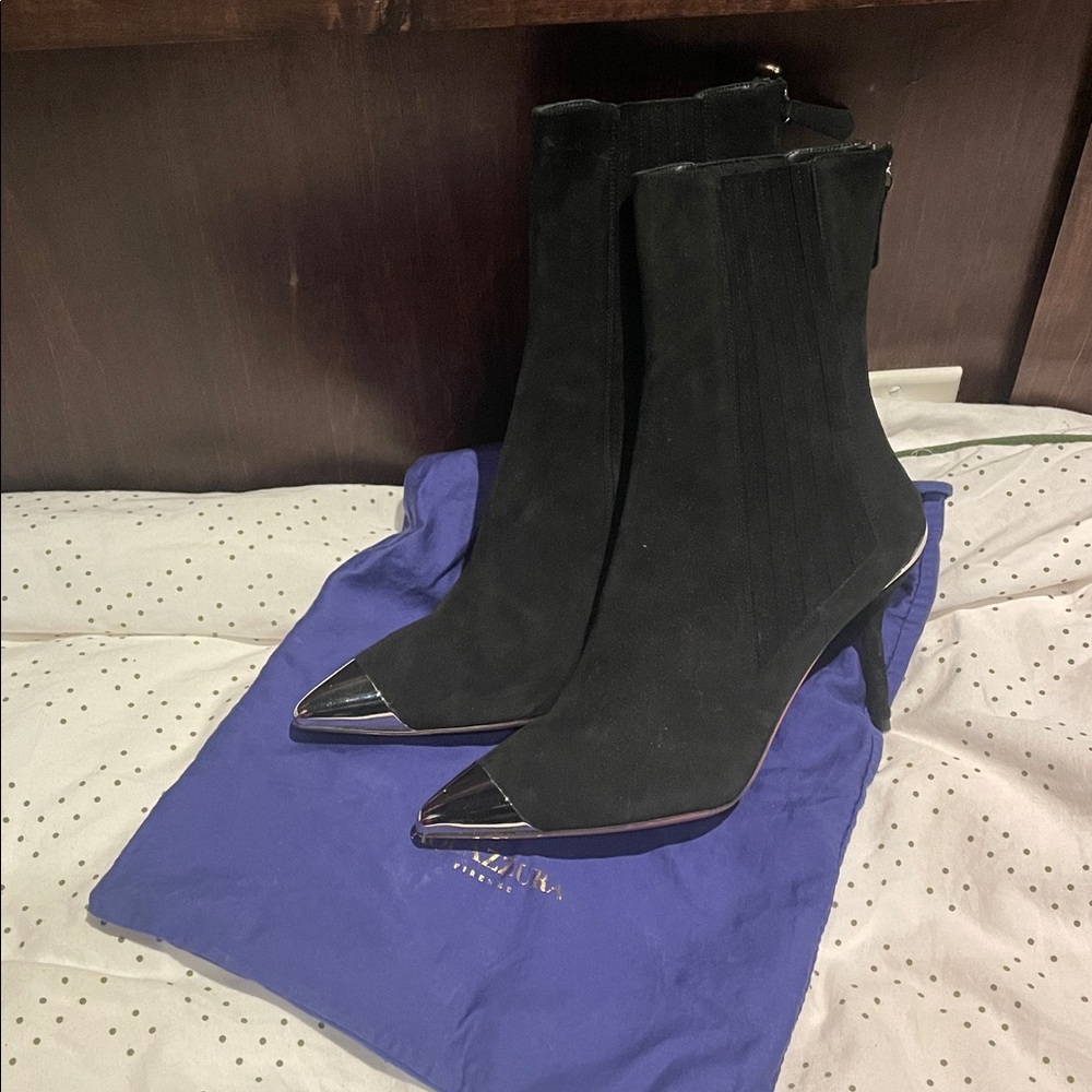 Aquazzura Black Heeled Boots with Silver toe  and back
